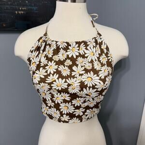 ASOS Bershka halterneck daisy crop top, brown, M